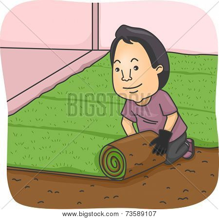 Illustration Featuring a Man Rolling Out a Strip of Sod