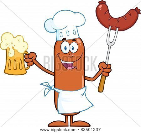 Chef Sausage Character Holding A Beer And Weenie On A Fork
