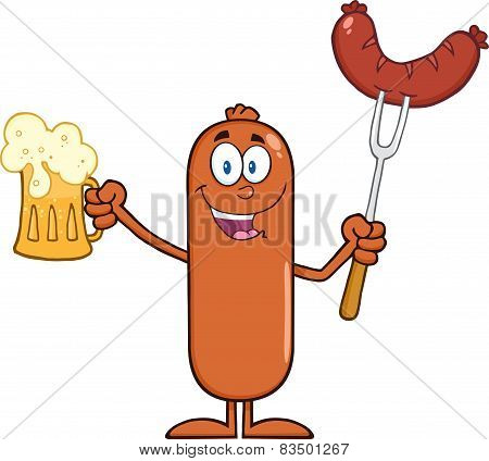 Black And White Happy Sausage Cartoon Character Holding A Beer And Weenie On A Fork