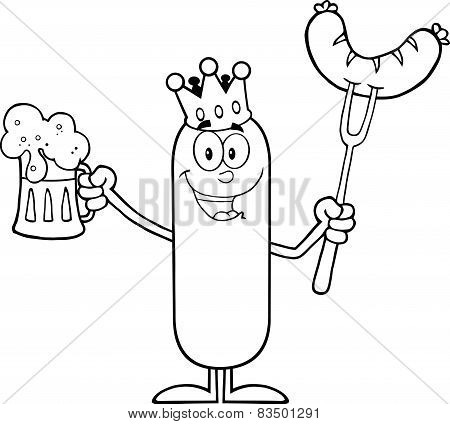 Black And White Happy King Sausage Cartoon Character Holding A Beer And Weenie On A Fork