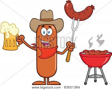 Cowboy Sausage Cartoon Character Holding A Beer And Weenie Next To BBQ