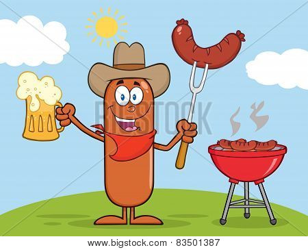 Cowboy Sausage Character Holding A Beer And Weenie Next To BBQ
