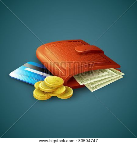 Purse with money, credit cards and coins. Vector illustration