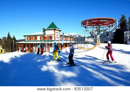 Bukovel, Ukraine - February 17: The Cableway, Skiers And Restaurant In Bukovel. It Is The Largest Sk