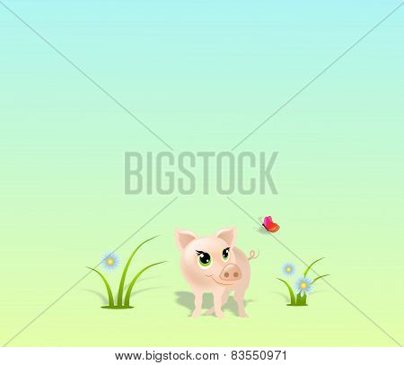Small Pig With Grass On Background