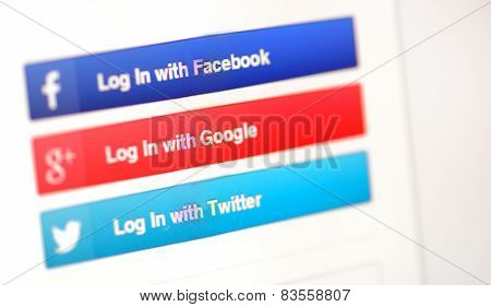 Galati, Romania, February 24, 2015: Social Media Log In  Facebook, Google+ And Twitter On Desktop