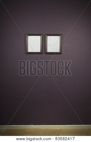Empty Picture Frames With Space For Text In Side Frames,glass On Right Frame Has Been Smashed With B