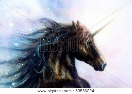 Horse, Black Unicorn In Space, Illustration Abstract Color Background, Profile Portrai
