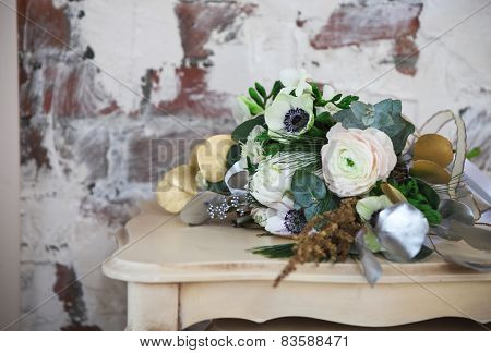 Wedding Bouquet With Ranunculus, Freesia, Roses And White Anemon