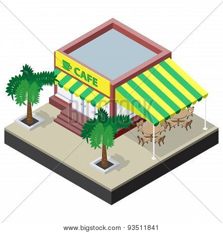 Isometric coffee shop with tables chairs and palm trees.