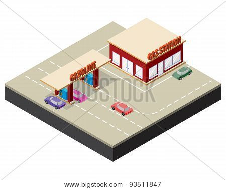 Isometric gas station with cars gasoline pump nozzles and markings on the road.