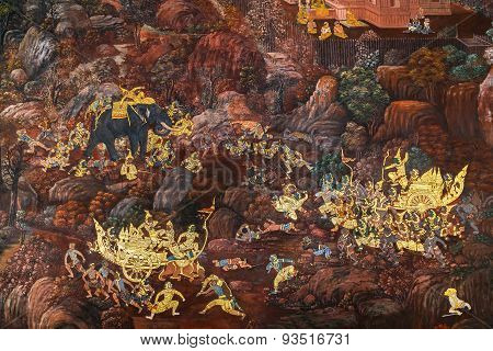 Mural Paintings at Wat Phra Kaew in Bangkok, Thailand