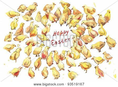 Set Of Chickens Watercolor. Easter Hand-drawn Illustration