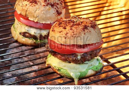 Closeup Of Homemade Burgers On Hot Bbq Grill