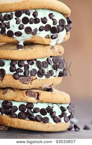 Stack Chocolate Chip Mint Ice Cream Cookie Sandwiches