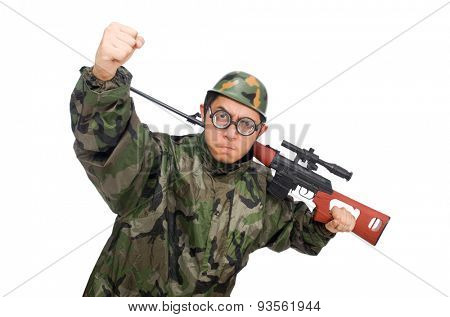 Military man with a gun isolated on white