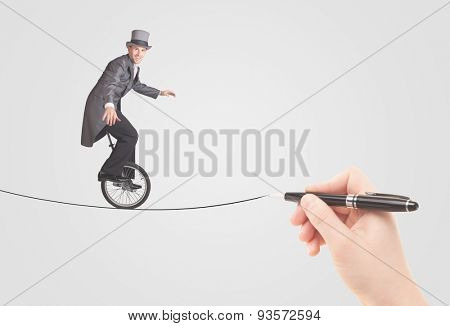 Businessman riding monocycle on a rope drawn by hand concept