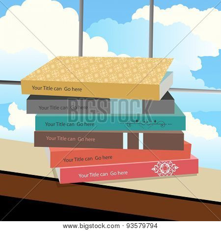 Stack of book sitting on a window sill  - clouds behind 