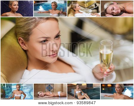 beauty, spa, healthy lifestyle concept - beautiful young woman relaxing at luxury spa with hammam sauna and swimming pool