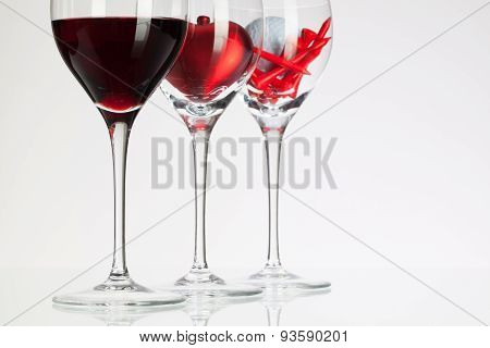 Wine Glasses With Red Wine, Heart And Golf Ball
