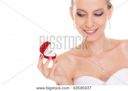 Excited Bride Woman Opening Engagement Ring Box.