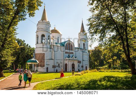 Chernihiv Ukraine - August 28 2016: People go to the Dormition of the Mother of God in The Saviour's Transfiguration Cathedral in Chernigiv Ukraine.