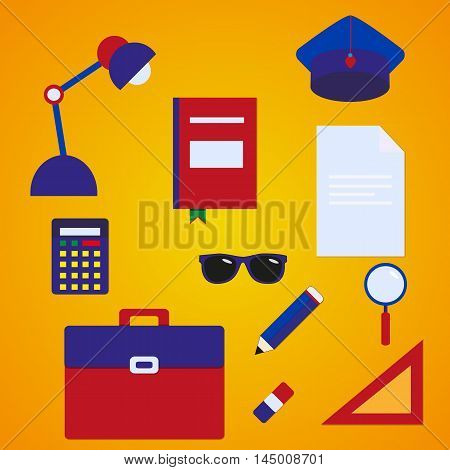 School accessories flat style set, vector illustration