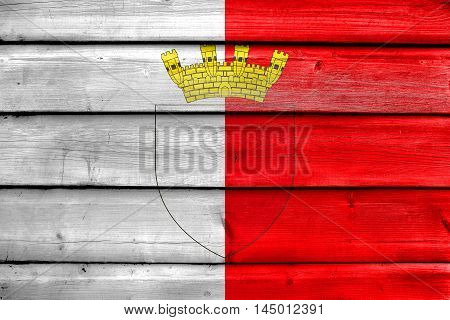 Flag Of Mdina With Coat Of Arms, Malta, Painted On Old Wood Plank Background