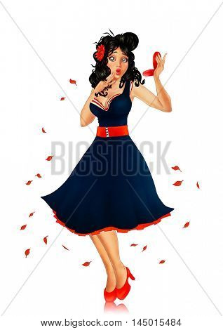 Retro 1950S Pin up Girl Illustration (autumn leaves blowing wind)