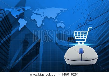 Wireless computer mouse with online shopping icon over map and city tower background Shop online concept Elements of this image furnished by NASA