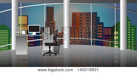 Office interior vector business background tables chairs computer desk desktop window city employee empty on the tables with computers