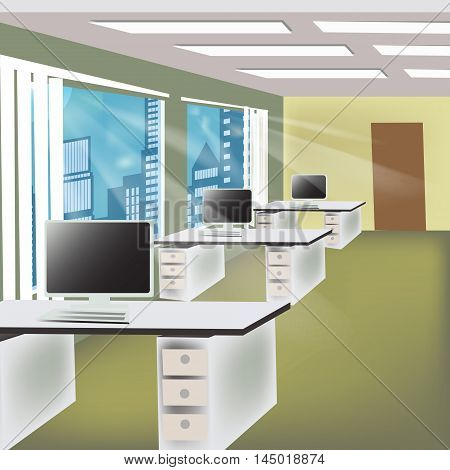 Office interior vector business background tables chairs computer desk desktop window city employee empty on the tables with computers