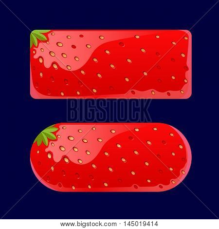Vector illustration of a set of Cartoon red buttons, Strawberry kit for game ui development, vector gui elements. Menu buttons for web and game design.isolated on dark background