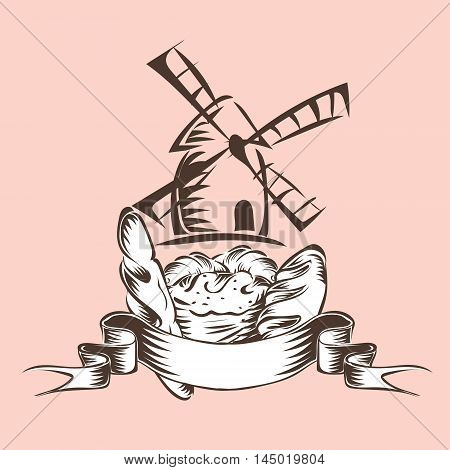 bread croissant baguette loaf with ribbon and windmill vector