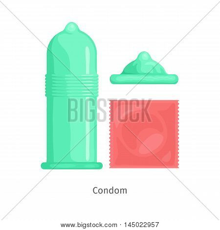 Contraception method condom. Contraceptive icons set. Safe sex. Disease prevention and birth control. Planning pregnancy. Flat vector illustration isolated on white background