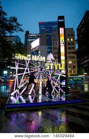 Seoul, Republic of Korea - October 21, 2014: Located in the centre of the Gangnam District of Seoul, the 'Gangnam Style Horse Dancing Stage' pays tribute to artist Psy