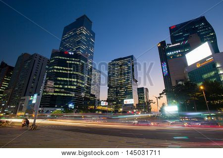 Seoul, Republic of Korea - October 22, 2014: Streets of Gangnam on a cool autumn night in Gangnam-Gu, Seoul, Republic of Korea
