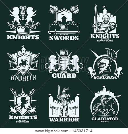 Knights monochrome emblems with warriors heraldic elements edged weapon medieval castles on black background isolated vector illustration