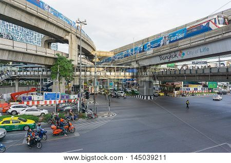 Bangkok Thailand- August 242016 :Busy traffic at Pathum Wan Intersection in Bangkok Thailand