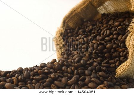 Burlap Sack Kaffeebohnen Detail. selektive Tiefenschärfe