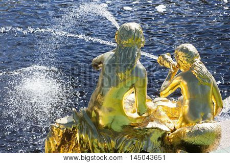 St. Petersburg, Russia-28 Of August, 2016. Fountains Of The Big Cascade In Peterhof.