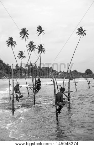 AHANGAMA - NOVEMBER 27 : Still fisherman's fishing fish at sunset on November 27 2015 in Ahangama Sri Lanka