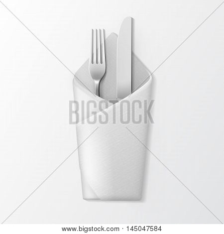 Vector White Folded Envelope Napkin with Silver Fork and Knife Top View Isolated on White Background. Table Setting