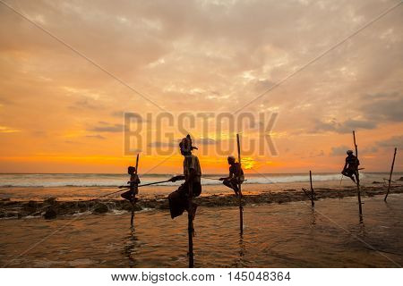 AHANGAMA - NOVEMBER 27 : Still fisherman's fishing fish at sunset on November 27 2015 in Ahangama Sri Lanka