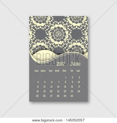 Calendar june 2017 start sunday with hand drawn mandala pattern. Vintage oriental style with grunge effect. Vector illustration.