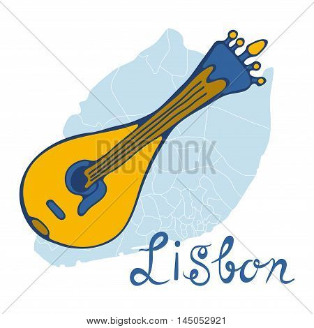 Tipical portuguese fado guitar over Lisbon map and azulejo tiles background. vector illustration
