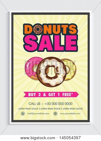 Donuts Sale with Special Offer, Creative Poster, Banner or Flyer with sweet donuts for Bakery Shop, Cafe and Restaurants etc.