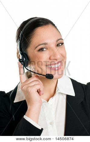 Operador de telefone jovem com fone de ouvido no call center, isolado no fundo branco