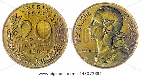 20 Centimes 1988 Coin Isolated On White Background, France