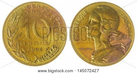 10 Centimes 1984 Coin Isolated On White Background, France